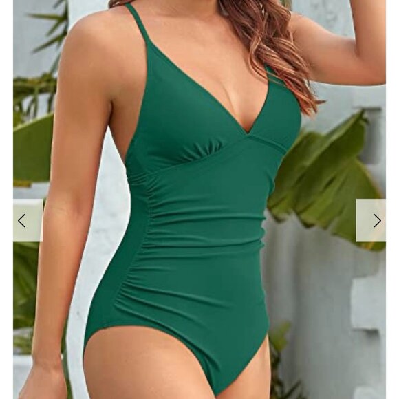 Tempt Me Womens 1 Piece Swimsuit XL Green V Neck Cross-back Straps Tummy Control - Picture 1 of 6